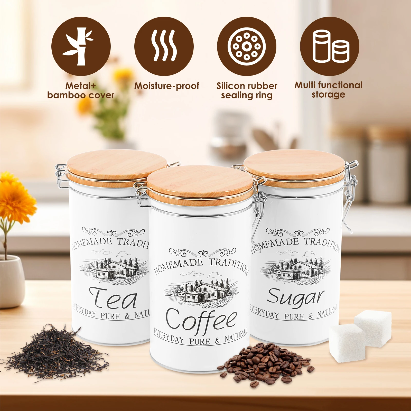 3 unids/set de botes de azúcar - Coffee Tea And Sugar Canister Set reseña y precio